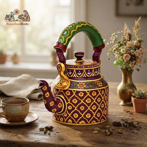 May include: A purple metal teapot featuring a yellow lattice pattern with small floral accents, a green arched handle, and a matching lid. The spout and body are decorated with hand-painted flowers, and the logo RajasthanRoots is visible.