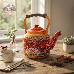 Hand-Painted Indian Tea Kettle: Mandala Art Floral stainless steel Teapot