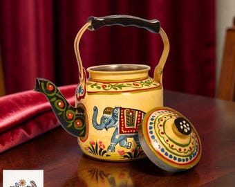 Handbemalter Pfirsich Teekessel - Elefant Florale indische Volkskunst Dekor