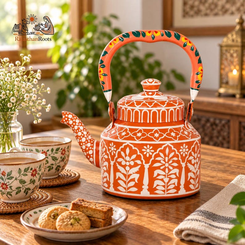 May include: A vibrant orange metal teapot featuring intricate white floral and architectural patterns, a curved handle with painted yellow and green flower motifs, and a matching spout. The teapot is displayed alongside two floral tea cups.
