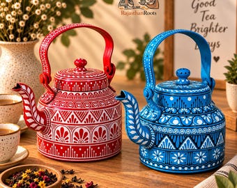 Hand Painted Rajasthani  Tea Kettle, Decorative Metal Teapot, Indian Folk Art , Gift, Printed teapot