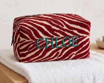 Personalized Embroidered Zebra Print Makeup Bag, Custom Cosmetic Pouch, Travel Bachelorette Gift SQ1608