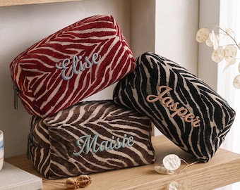Personalized Embroidered Zebra Print Makeup Bag, Custom Cosmetic Pouch, Travel Bachelorette Gift SQ1608