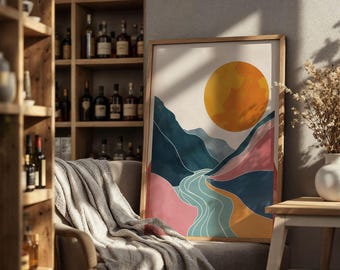 Mid-Century Modern Mountain River Print, Boho Sunset Giclée Art