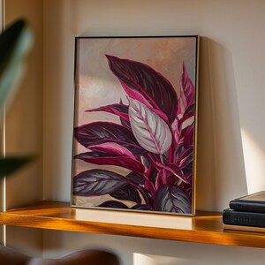 Calathea Dark Burgundy Pink Leaf Art, póster botánico de plantas de interior tropicales de ambiente intenso, lámina de naturaleza con plantas de interior de gran impacto visual.