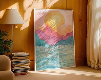 Mid-Century Modern Ocean Print, Abstract Sun Waves, Teal Yellow Giclée Poster