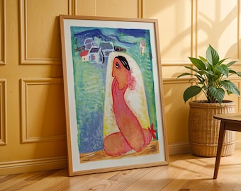 May include: A framed art print with a vibrant abstract painting. The artwork shows a seated figure with a village scene in the background. The colour palette includes blues, greens, pinks, and whites. The frame is made of light-coloured wood.