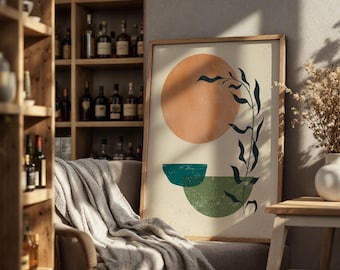 Boho Botanical Print, abstrakcyjna sztuka liści słonecznych, terakotowa zieleń szałwii, plakat giclée