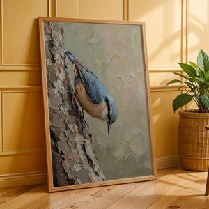 Nuthatch Climbing Tree Bark Wall Art, Soft Blue Rust Woodland Bird Poster, Charming Garden Wildlife Nature Print, Warm Neutral Study Art.
