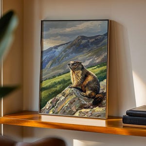 May include: A framed painting of a marmot perched on a rock, set against a backdrop of mountains and a cloudy sky. The artwork features a palette of greens, blues, and browns, creating a landscape scene. The painting is displayed on a wooden shelf.