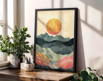 Minimalist Mountain River Giclée Print, Boho Sunset Wall Art