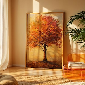 Glowing Autumn Lone Tree Art Print, Rich Burnt Orange Red Fall Canopy Poster, Warm Beige Seasonal Nature Wall Decor, Thanksgiving Home Gift