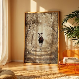 May include: A framed artwork depicts an okapi walking on a path through a forest. The okapi has a dark brown body with white and black striped legs. The artwork is in a sepia tone, with a gold-colored frame.