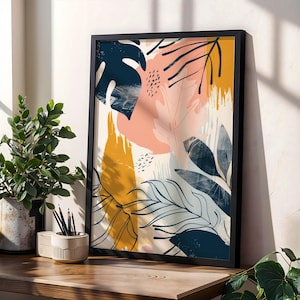 Abstrakter botanischer Druck | Navy Blau Senf Rosa Wand Kunst | Tropisches Blatt Poster | Maximalist Statement Wohnzimmer Dekor | Ungerahmt.