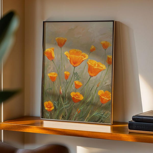 California Poppy Field Canvas Print, Vibrant Orange Wildflower Wall Art, Boho Floral Living Room Decor, Warm Toned Botanical Nature Print