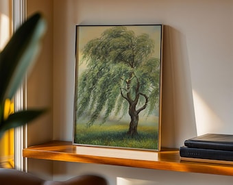 May include: A framed rectangular wall art print featuring an oil painting of a large weeping willow tree with cascading green branches, set in a grassy field under a soft, hazy sky with muted yellow and blue tones throughout the landscape.