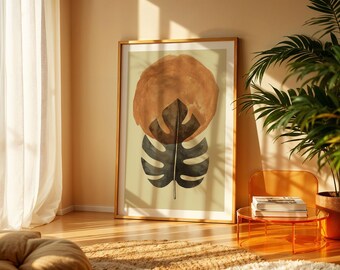 Abstract Terracotta Monstera Print, Modern Boho Botanical Art