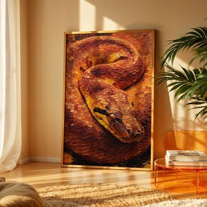 Impression encadrée gros plan écailles de boa constricteur, art mural texture serpent rouge orange fougueux, décoration de chambre audacieuse reptile, cadeau pour amateur de serpent oeil