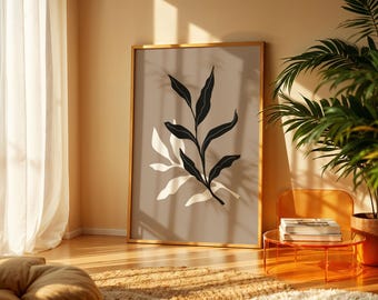 Minimalistische botanische print, moderne bladkunst aan de muur, neutraal decor