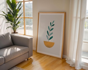 Minimalist Plant Print, Abstract Green Leaf, Scandinavian Wall Art