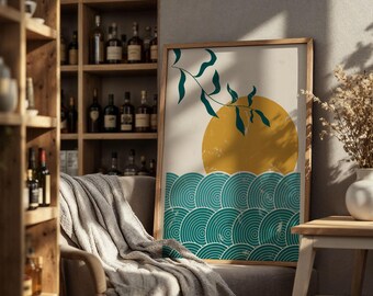 Mid-Century Modern Ocean Print: Abstract Teal Sun, Retro Coastal Wall Art