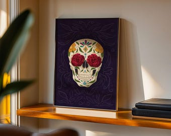 Impresión artística de calavera de azúcar floral: Día de Muertos, decoración popular mexicana
