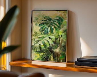 モンステラの葉が割れたジャングルアートプリント、表情豊かな大胆な緑と黄色の熱帯植物ポスター、緑豊かな植物のリビングルームの壁飾りギフト