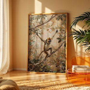 May include: A rectangular framed oil painting featuring a textured impasto style depiction of a monkey hanging from tree branches. The artwork uses a palette of earthy browns, greens, and creams to illustrate the monkey amidst a dense forest canopy.