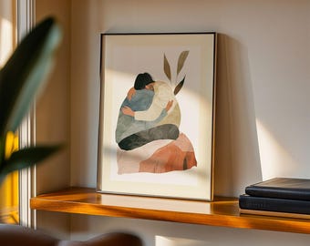Abstract Couple Hug Art, Boho Figure Embrace Print, Earthy Neutral Poster