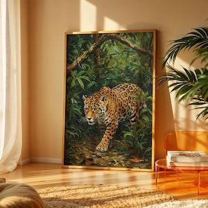 Jaguar Prowling Through Dense Amazon Rainforest Oil Painting Print, Intense Spotted Big Cat Predator Dark Green Wildlife Wall Art Poster.