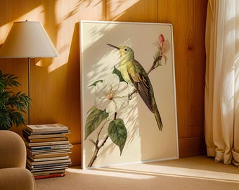Vintage Bird Print | Green Botanical Illustration, Cottagecore Wall Art