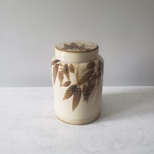 May include: A beige ceramic jar with a lid, adorned with brown leaf patterns. The jar has a cylindrical shape with a rounded base and a matching lid. The leaf design is repeated on the lid, creating a cohesive look.