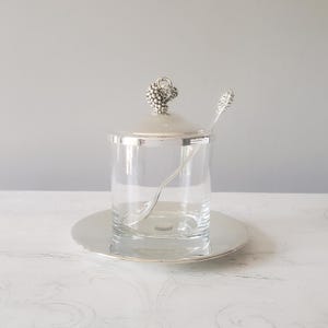 Vintage Godinger Paul Revere Silverplate Jam Jar Set with Spoon & Tray, Grape Design Condiment Server