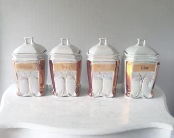 Antique Art Deco German Lustreware Porcelain Canisters With Lids - Set of Four (1920s)