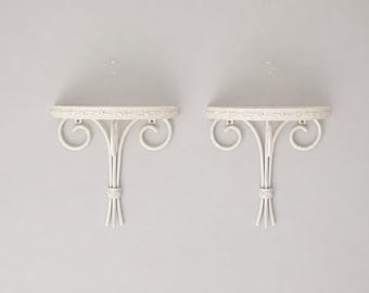 Pair of Vintage Cream Metal Half Moon Wall Shelves | Cottage Farmhouse Scroll Shelves Shabby Chic Wall Decor