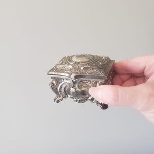 Vintage Silver Tone Jewelry Box | Ornate Footed Trinket Casket Rococo Style | Red Velvet Lined