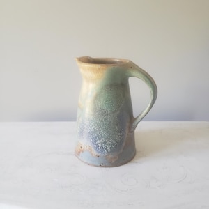 Handcrafted Stoneware Pitcher Rustic Studio Pottery Jug Blue Green Earth Tone Ceramic