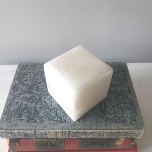 White Onyx Stone Cube – Etched Sun Dial Celestial Design Paperweight or Desk Decor