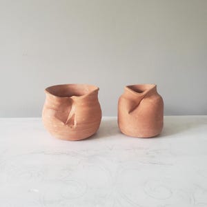 May include: Two terracotta-colored ceramic vases with unique, folded designs. The vases have a rough, textured surface and a natural, earthy aesthetic. The larger vase is on the left, and the smaller vase is on the right. The background is a light gray.