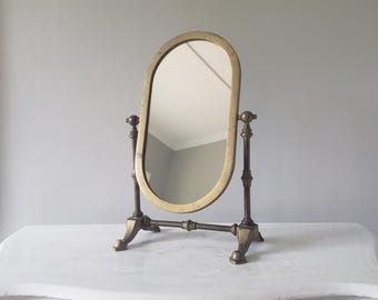 Antique Brass Oval Vanity Mirror | 1920s Tabletop Tilting Mirror with Aged Patina