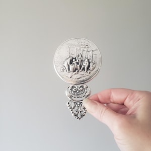 Vintage Silverplate Hand Mirror | Beveled Glass Repousse Village Scene - Made in Denmark
