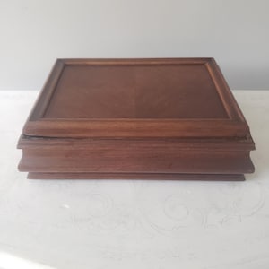 Vintage Wood Jewelry Box with Mirror | Mahogany Tone Sarcophagus Form | Large Rectangular Dresser Box