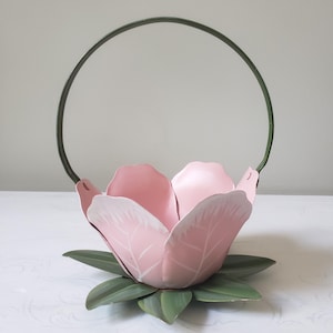 Vintage Metal Pink Rose Flower Basket Adjustable Handle on Green Leaf Base