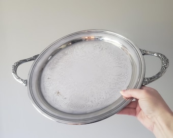 Vintage Sheridan Silverplate 12" Round Serving Tray | Ornate Floral Handled Vanity Bar Drink Tray