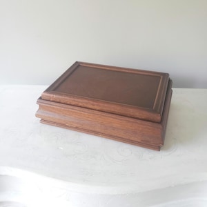 Vintage Wood Jewelry Box with Mirror | Mahogany Tone Sarcophagus Form | Large Rectangular Dresser Box