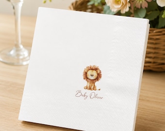 Personalized Lion Baby Shower Napkins, Safari Lion Baby Napkins, Custom Jungle Baby Shower Decor, Baby Birthday Cocktail Napkins