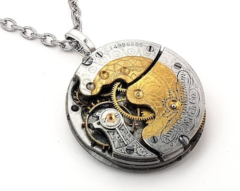 Ultra RARE Steampunk Necklace: 117 Yrs Old 2 Tone WALTHAM GUILLOCHE Antique Jewelry Pocket Watch Movement Necklace Men Father's Day Gift