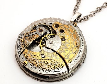 Extremadamente RARO Steampunk SUN Collar Tono dorado 128 años de edad WALTHAM Joyería antigua Reloj de bolsillo Movimiento Steampunk Collar Reloj Hombres Regalo