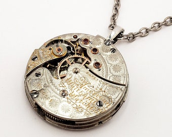 Steampunk Necklace - RARE 131 yrs old Silver Guilloche Etched Antique Pocket Watch Movement Men Steampunk Necklace Jewelry Father's Day Gift