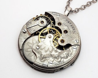 Steampunk Necklace - 124 Yrs Old Elgin ETCHED Watch Pendant Movement Vintage Pocket Watch Necklace Antique Jewelry Men Wedding Gift for Him